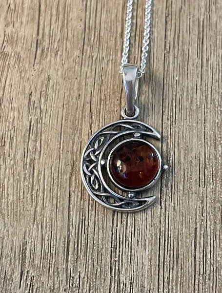 Sterling Silver Celtic Moon Amber Necklace