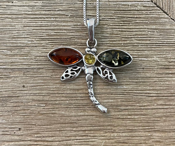 Sterling Silver Three Stone Genuine Amber Dragonfly Pendant on 18 inch Sterling chain