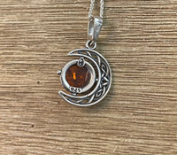 Sterling Silver Celtic Moon Amber Necklace