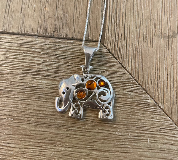 Sterling Silver Amber Elephant Necklace