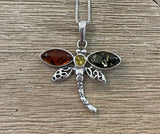 Sterling Silver Three Stone Genuine Amber Dragonfly Pendant on 18 inch Sterling chain