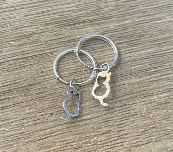 Sterling Silver Small Cat Hoop Earrings