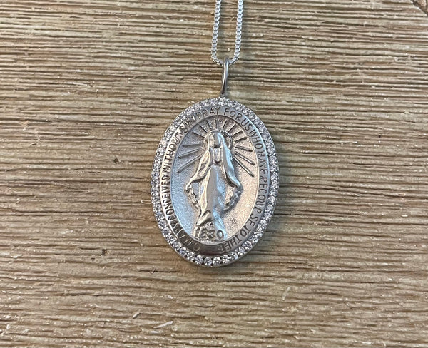 Sterling Silver CZ Blessed Mother Necklace