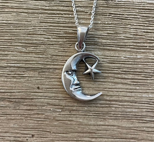 Sterling Silver Small Moon and Star Pendant on 18 inch Sterling chain